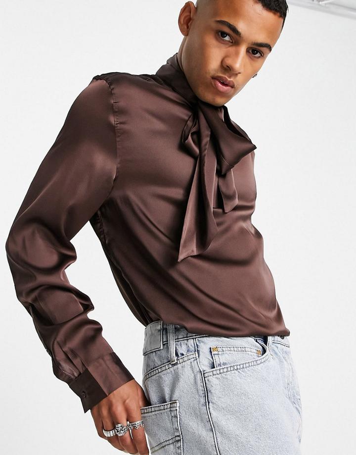 Asos Design Shirt With Pussybow Tie Neck In Brown Satin