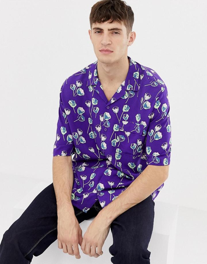 Collusion Oversized Shirt In Rose Print - Purple