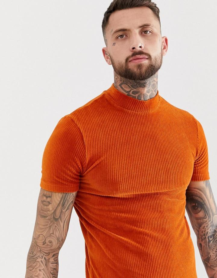 Asos Design Muscle T-shirt With Turtleneck In Ribbed Velour In Rust - Orange
