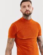 Asos Design Muscle T-shirt With Turtleneck In Ribbed Velour In Rust - Orange