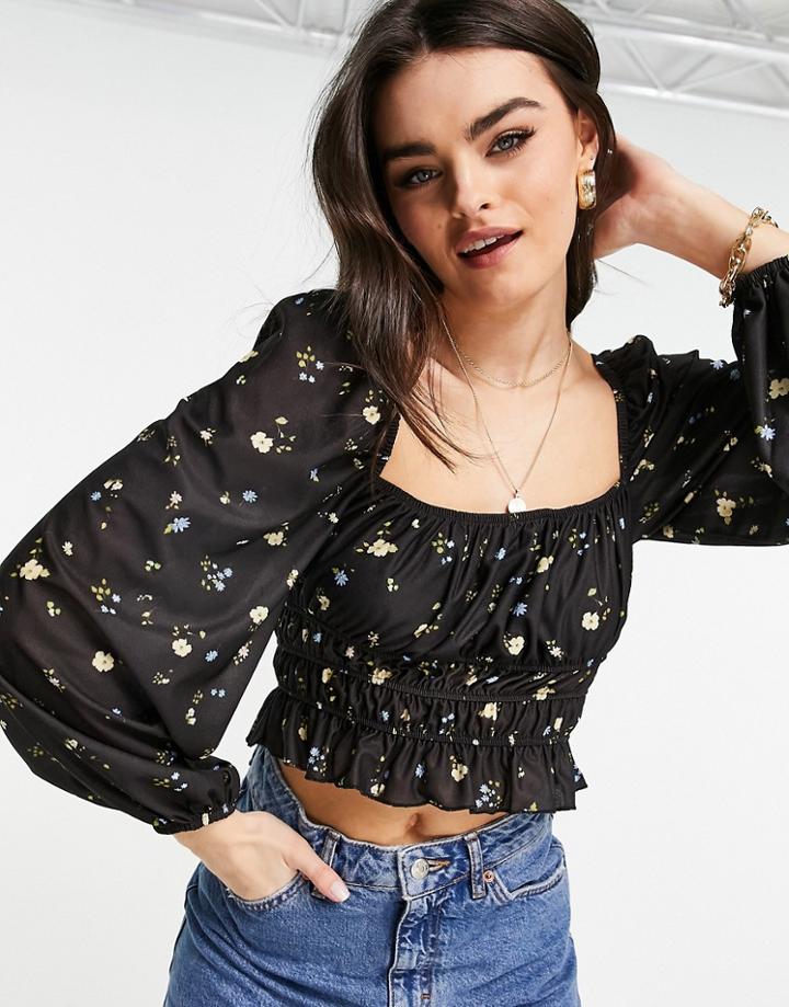 Asos Design Square Neck Top With Shirred Waist In Dark Floral-multi
