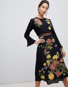 Asos Design Embroidered Midi Dress With Lace Inserts And Floral Embroidery-black