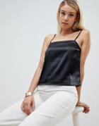 Asos Design Satin Cami With Square Neck And Tie Straps - Blue