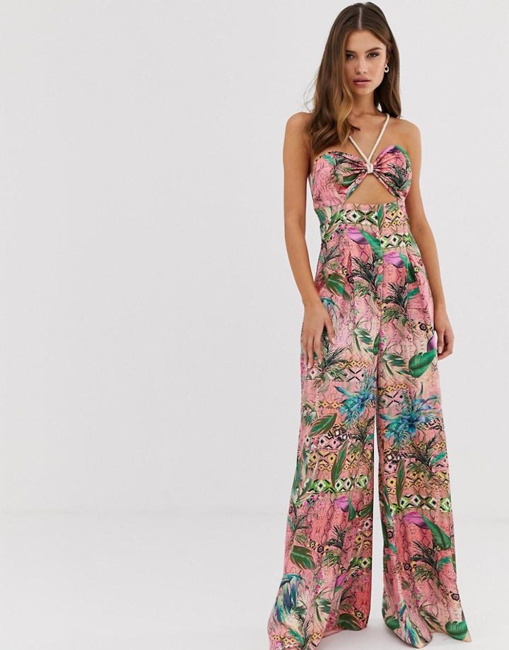 Asos Design Cut Out Satin Jumpsuit With Rope Detail In Tropical Print - Multi