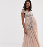 Maya Maternity Square Neck Bardot Floral Embellished Midaxi Dress In Pink