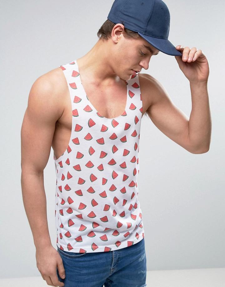 Another Influence Extreme Racer Back Raw Edge Watermelon Print Tank - White