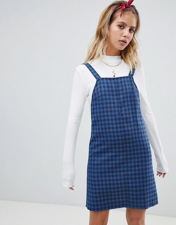 Nobody's Child Plaid Check Pinnafore Mini Dress - Blue
