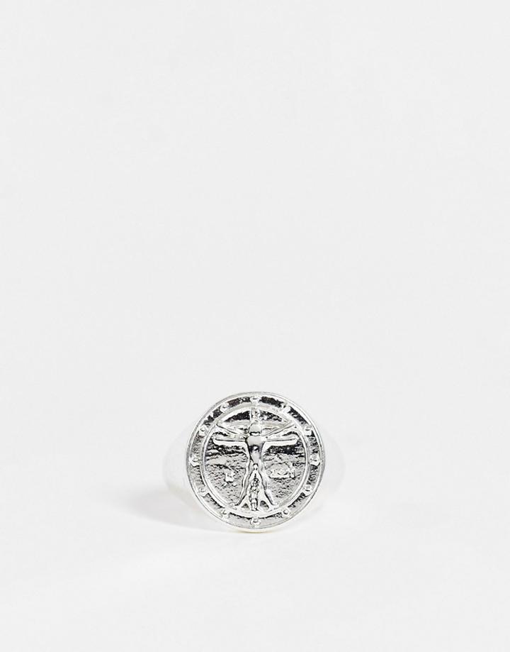 Asos Design Signet Ring With Vitruvian Man In Silver Tone