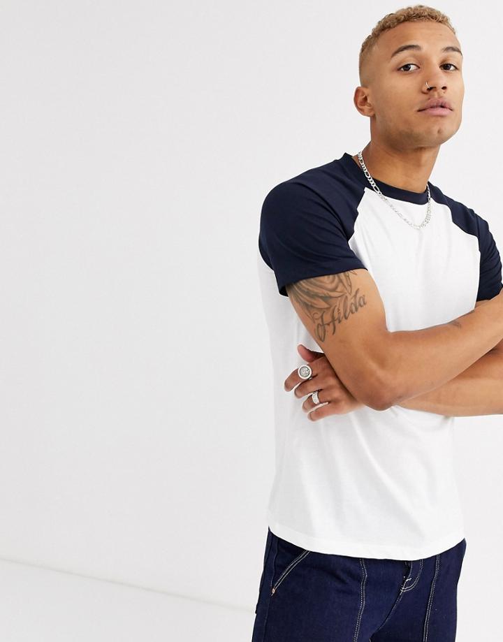 Asos Design Raglan T-shirt With Crew Neck In White & Navy-multi