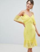 Liquorish Cold Shoulder Lace Dress With Frill - Yellow