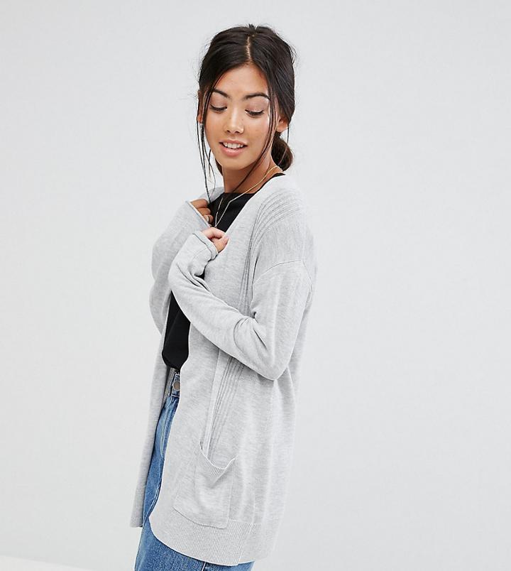 Asos Petite Cardigan In Fine Knit With Rib Detail - Gray