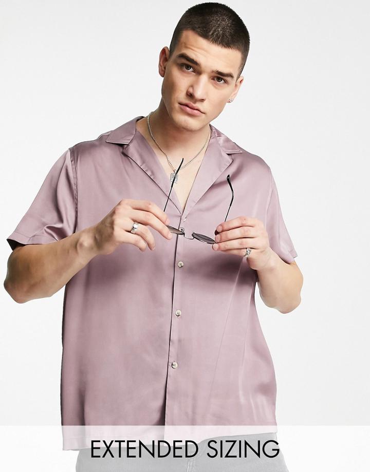 Asos Design Relaxed Deep Revere Satin Shirt In Pink
