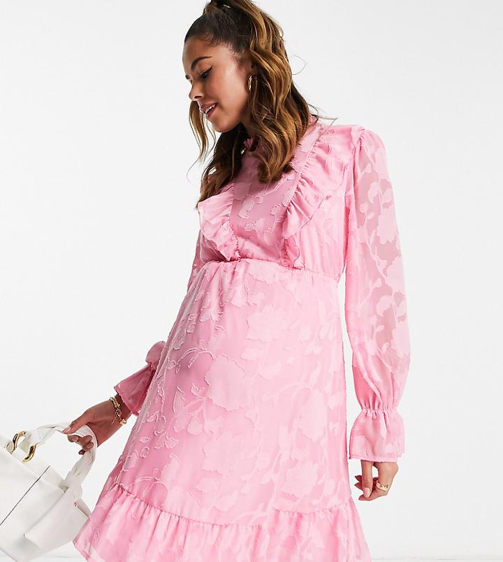 Twisted Wunder Maternity Long Sleeve Mini Dress With Frill Detail In Pink