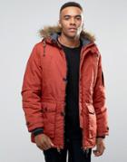 Threadbare 4 Pocket Parka Jacket With Faux Fur Trim Hood - Orange