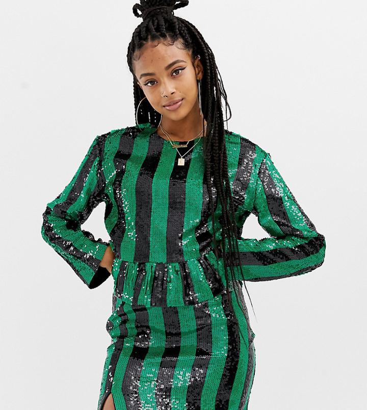 Collusion Striped Sequin Crop Top With Ruffle Hem - Multi