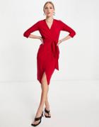 Closet London Cropped Sleeve Wrap Midi Dress In Burgundy-red