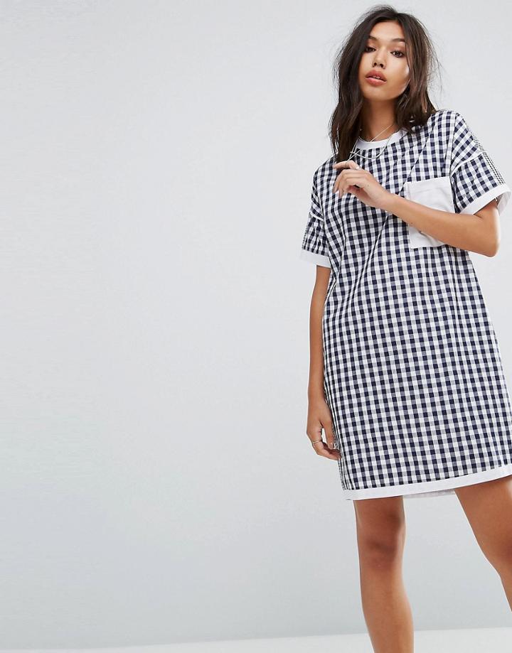 Uncivilised Mix Check Tee Dress - Navy
