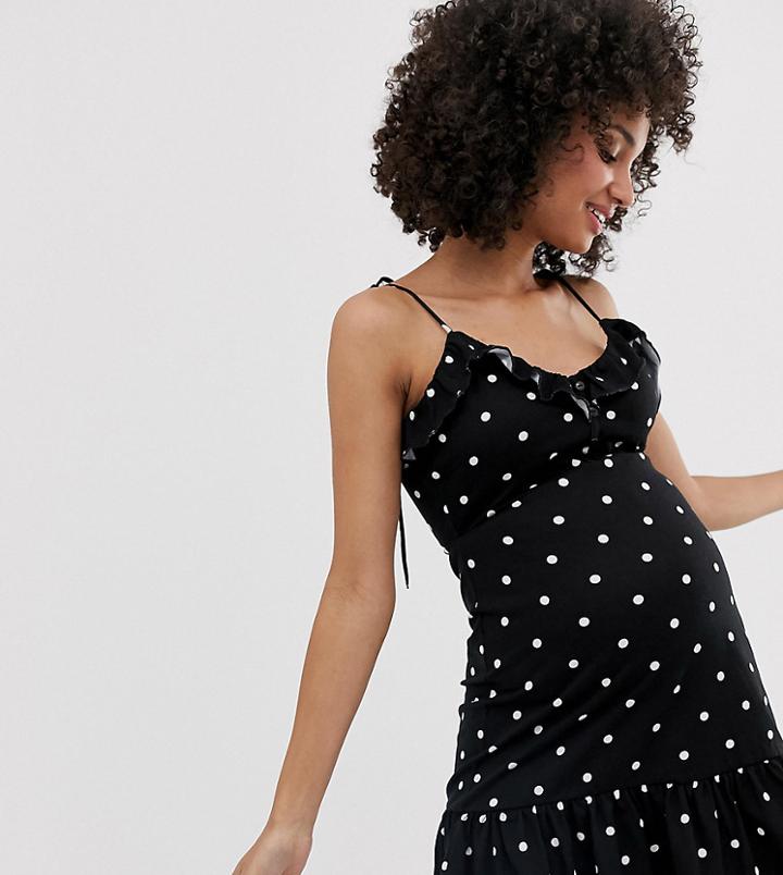 Asos Design Maternity Mini Sundress With Button Front And Pep Hem In Polka Dot-multi
