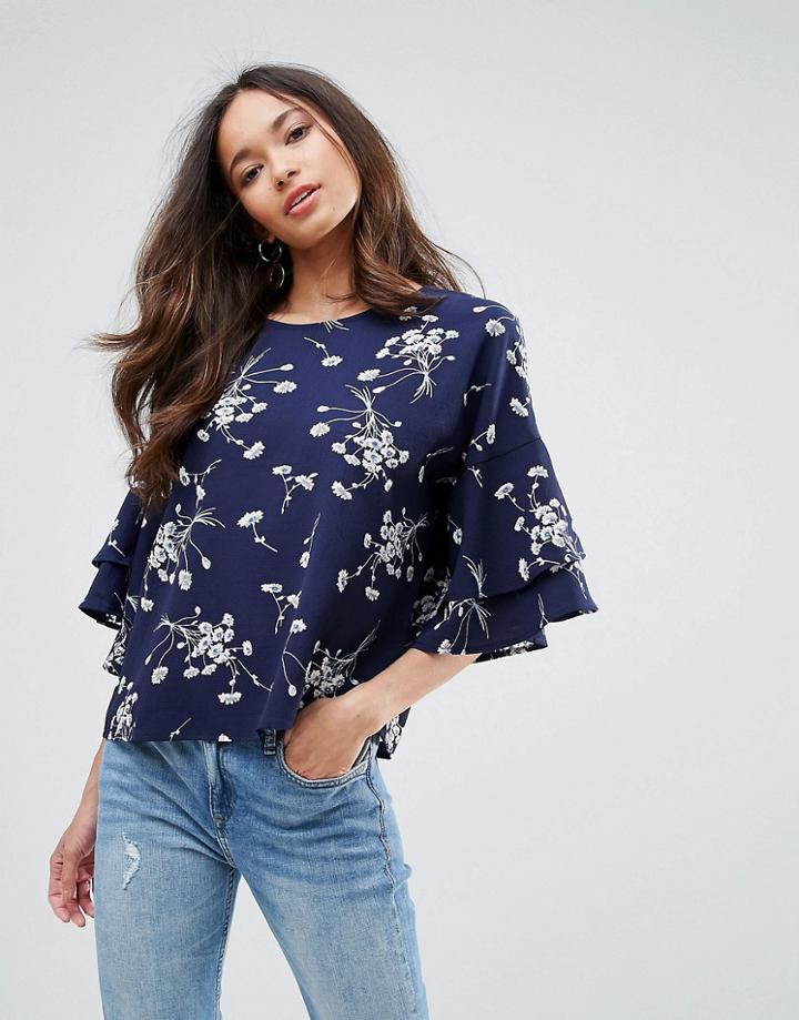 Qed London Floral Print Crepe Top - Navy