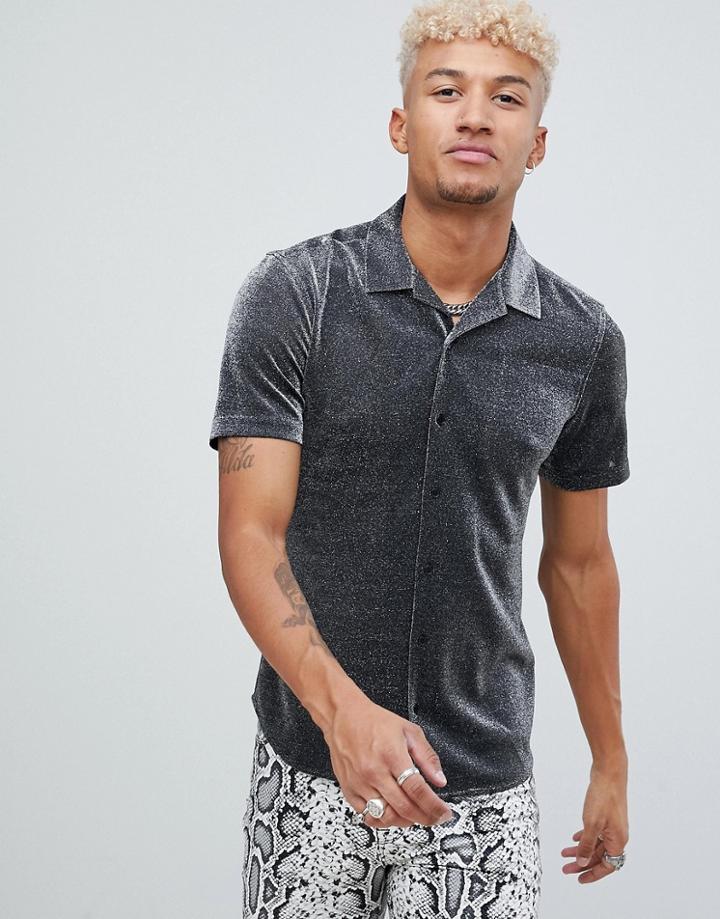 Asos Design Regular Fit Shirt In Silver Metallic With Revere Collar