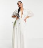 Hope & Ivy Plus Bridal Embroidered Plunge Maxi Dress In Ivory-white
