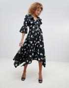 Influence Asymmetric Floral Midi Tea Dress With Open Back Detail - Black