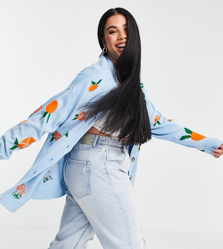 Asos Design Curve Cardigan With Fruit Pattern In Blue-blues