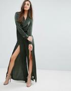 Stylestalker Wrap Satin Jumpsuit With Leg Splits - Green