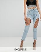 Liquor & Poker Mom Jean With Extreme Rips - Blue