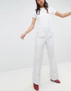 Lost Ink Pants With Wide Leg And Turn Ups In Stripe-gray