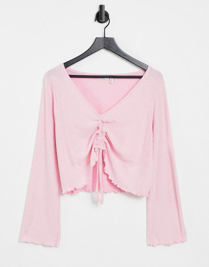 Asos Design Mix & Match Lounge Super Soft Ribbed Long Sleeve Ruched Front Top With Lettuce Hem In Pink
