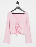 Asos Design Mix & Match Lounge Super Soft Ribbed Long Sleeve Ruched Front Top With Lettuce Hem In Pink