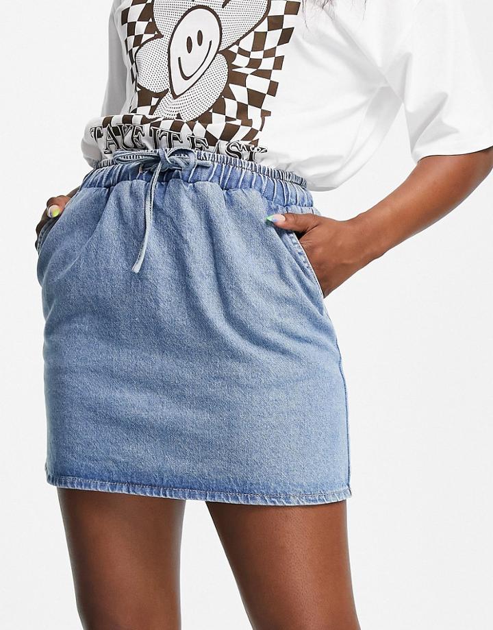 Asos Design Denim Pull On Skirt In Midwash-blues