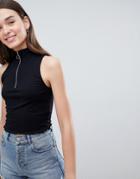 Miss Selfridge Tank With Zip Through Front Zip And High Neck - Black