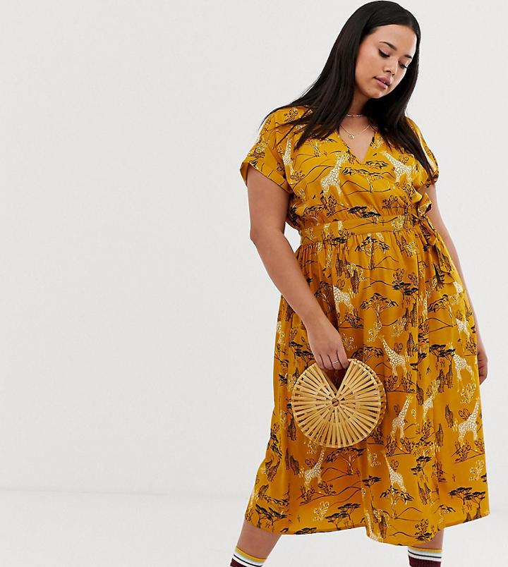 Influence Plus Midi Wrap Dress In Safari Print - Yellow