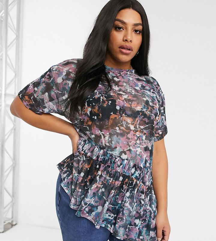 Lost Ink Plus Mesh Floral Asymmetrical Tee-multi