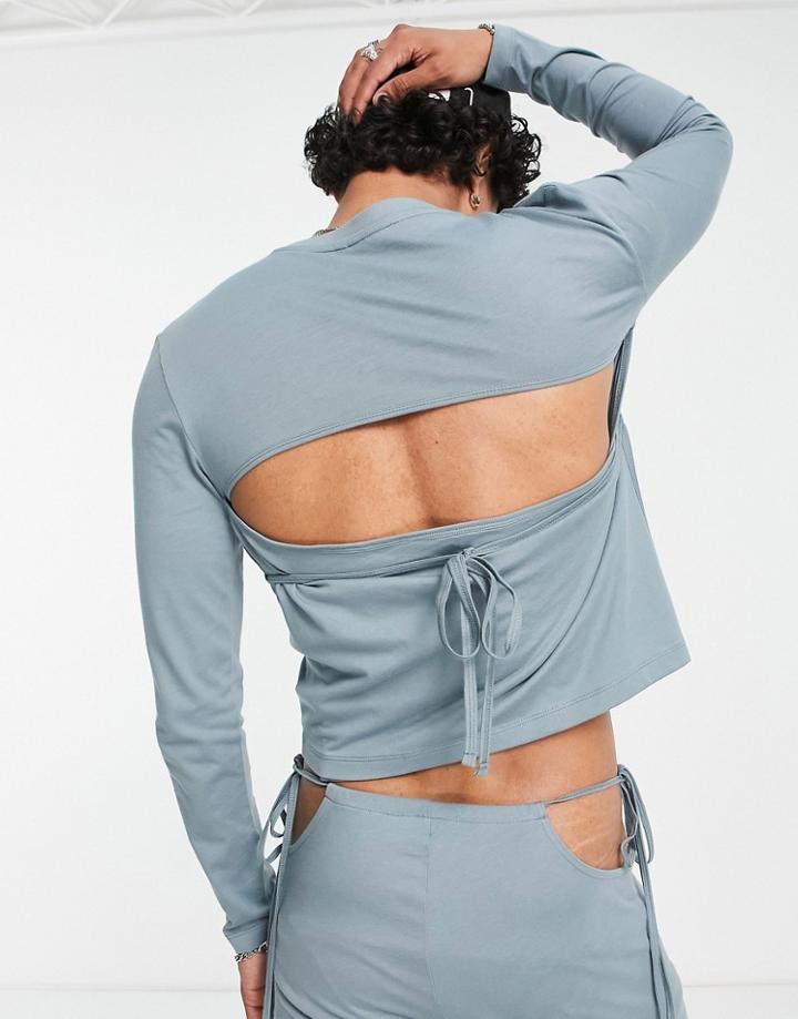 Asos Design Long Sleeve T-shirt With Back Strapping In Blue - Part Of A Set