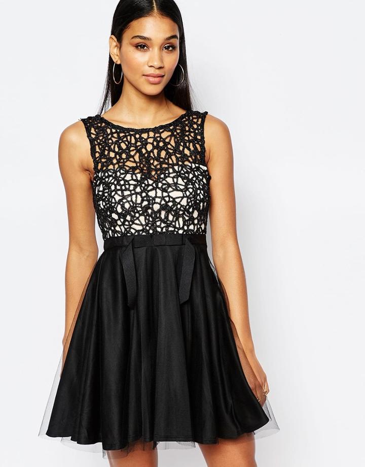 Lipsy Cutwork Lace Mini Prom Dress With Tulle Skirt - Black