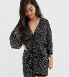 Asos Design Petite Scatter Sequin Knot Front Kimono Mini Dress-multi