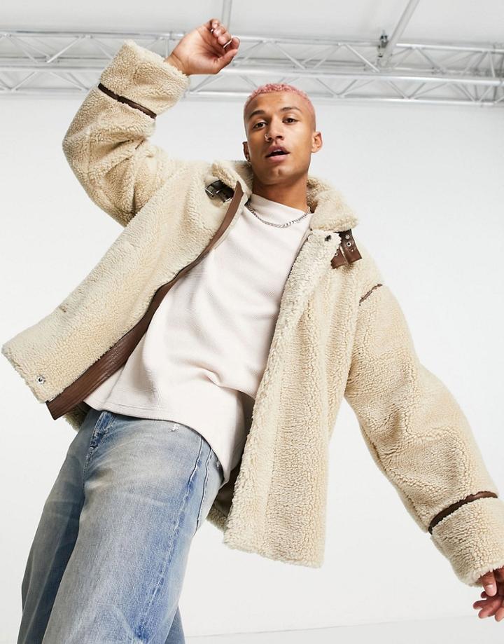 Asos Design Oversized Sherpa Jacket With Contrast Taping In Beige-blonde