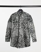 Asos Design 90s Oversized Shirt In Gray Velvet Animal Skin Print-grey