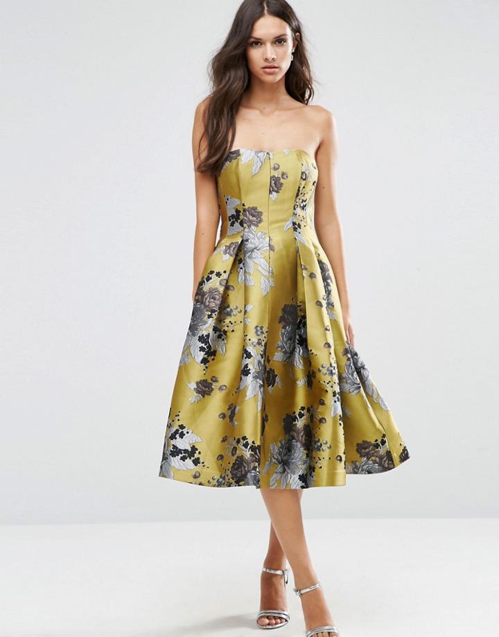Asos Salon Mono Floral Bandeau Midi With Paneled Seams - Multi