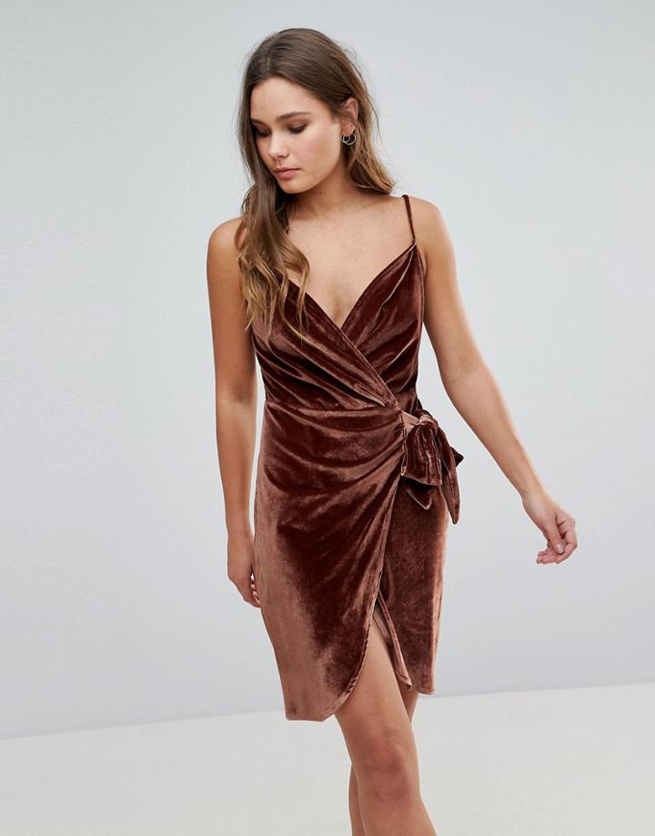 Parisian Velvet Cami Wrap Dress With Tie - Brown
