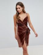 Parisian Velvet Cami Wrap Dress With Tie - Brown