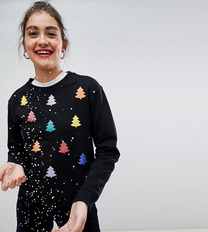 Monki Xmas Sweater With Rainbow Xmas Trees In Black - Black
