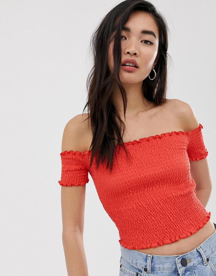 Stradivarius Shirred Off Shoulder Top In Orange - Orange