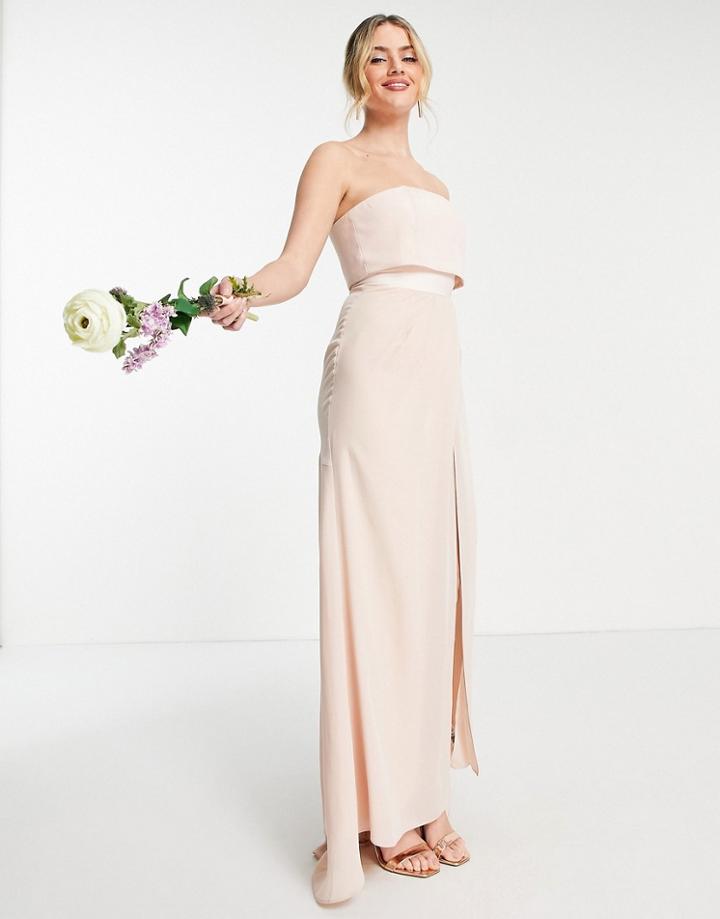 Asos Design Bridesmaid Bandeau Layered Maxi Dress With Pleated Wrap Skirt-pink