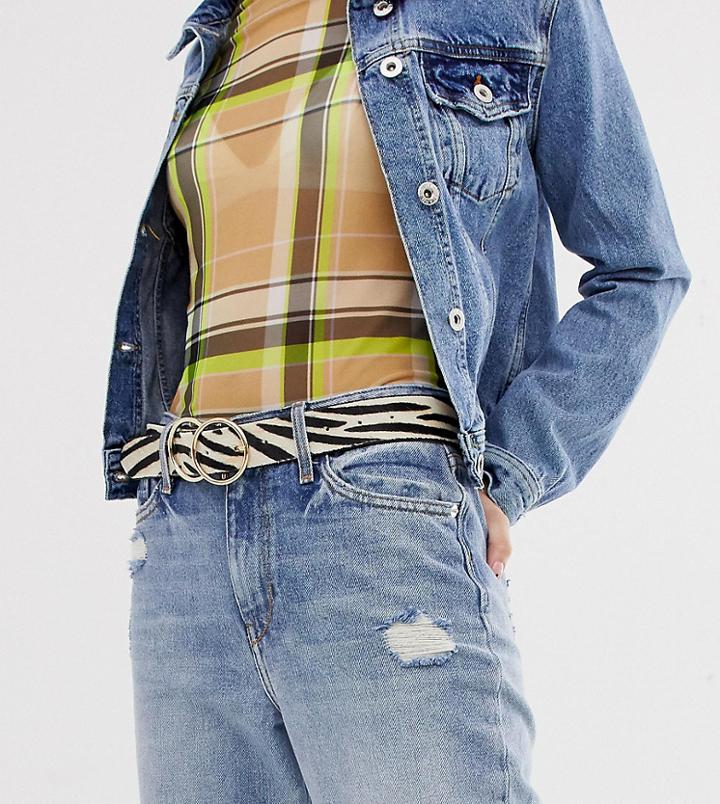 River Island Belt With Double Circle Buckle In Zebra Print - White