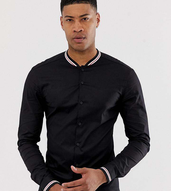 Asos Design Tall Stretch Slim Fit Poplin Shirt With Rib Grandad Collar - Black