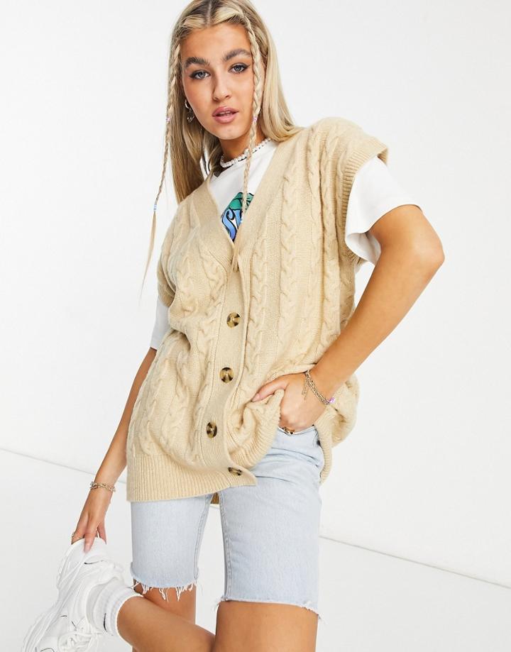 Asos Design Cable Knit Vest With Button Up Detail In Oatmeal-neutral